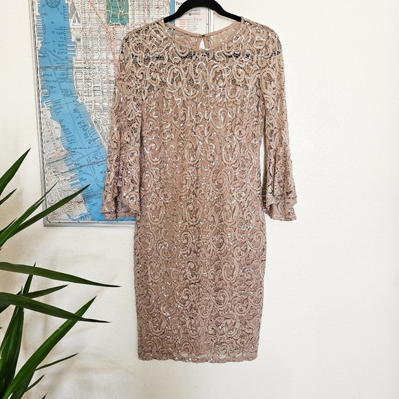 3 for $30! SALE Marina Lace Sequined Illusion Blush Sheath Bell Sleeve Dress - Picture 2 of 13